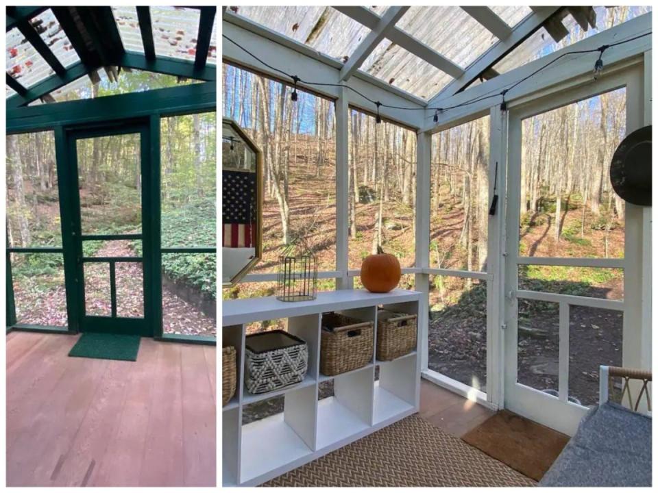 Left, a green sunroom with no furniture. Right, a white open sunroom.