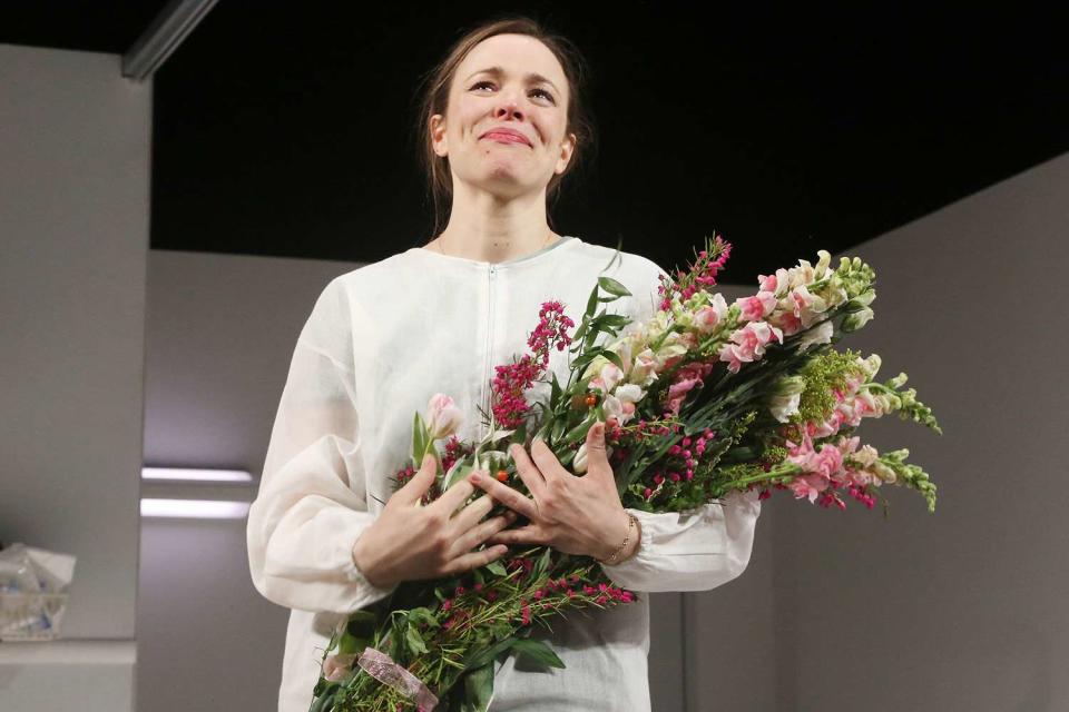 <p>Bruce Glikas/WireImage</p> Rachel McAdams tears up during curtain call for her new Broadway play, 