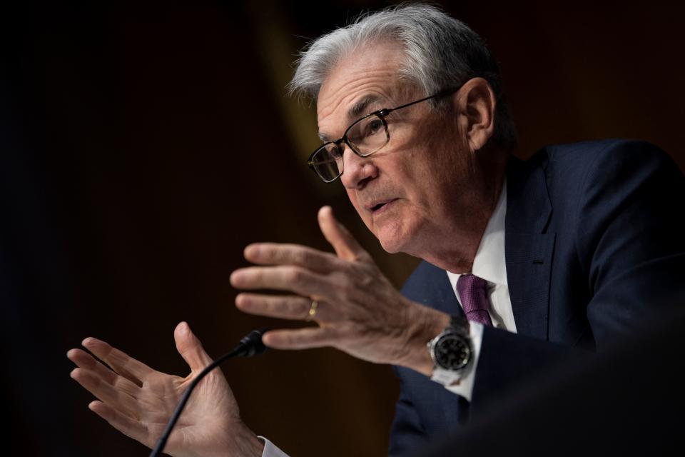 Federal Reserve Board Chairman Jerome Powell speaks during his re-nominations hearing of the Senate Banking, Housing and Urban Affairs Committee on Capitol Hill January 11, 2022, in Washington, DC. (Photo by Brendan Smialowski / POOL / AFP) (Photo by BRENDAN SMIALOWSKI/POOL/AFP via Getty Images)