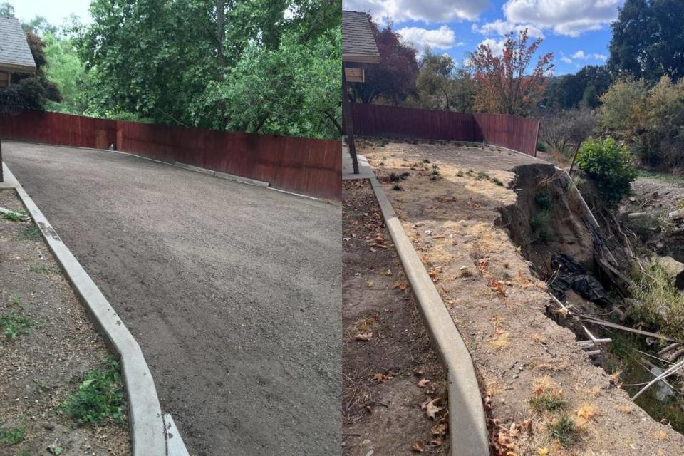 The image on the left was taken in the backyard of 1210 San Ramon Road prior to the March 10, 2023 storm. The image on the right is after the storm.
