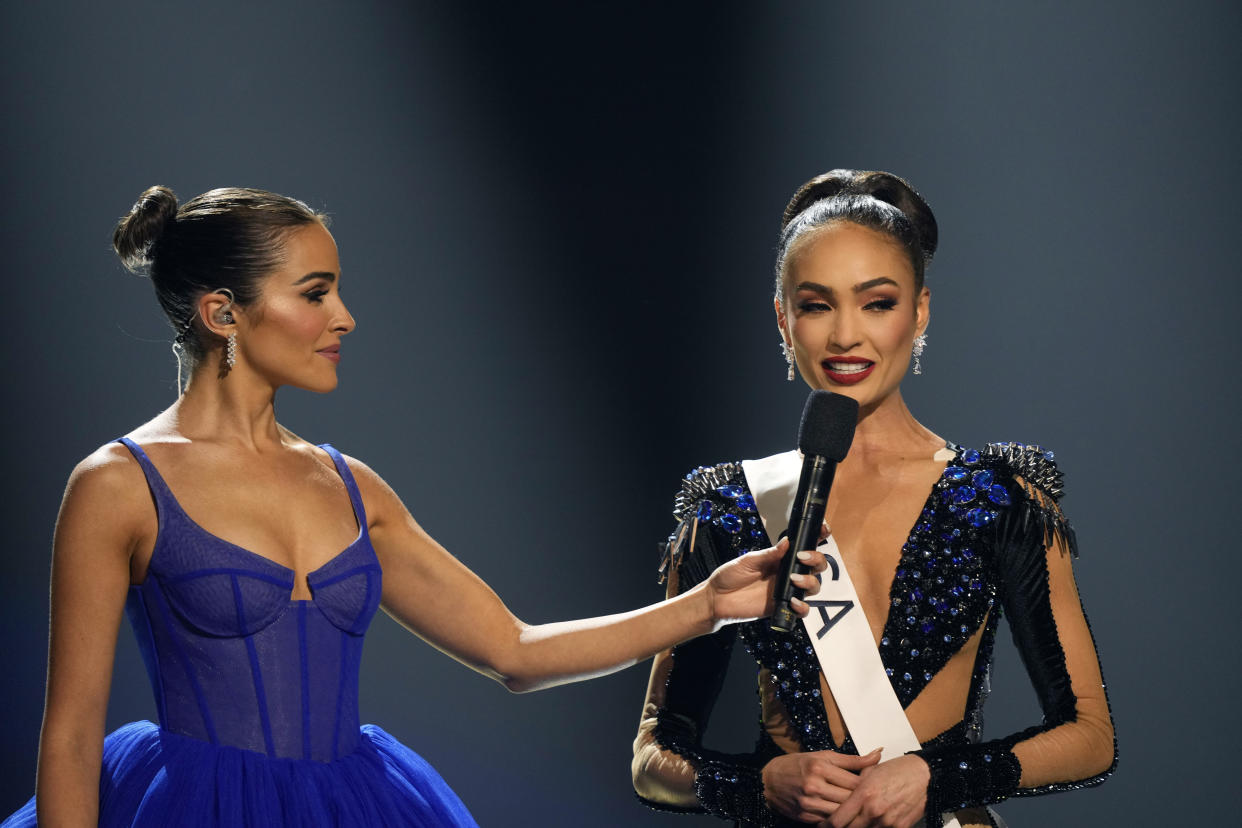 Miss USA R'Bonney Gabriel answers a question during the final round of the 71st Miss Universe Beauty Pageant in New Orleans, Saturday, Jan. 14, 2023. (AP Photo/Gerald Herbert)