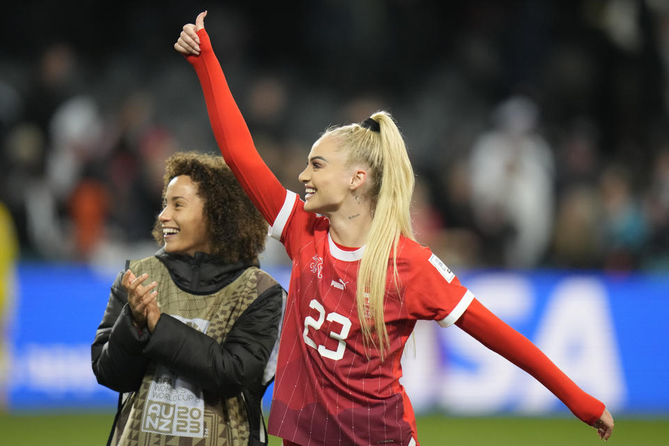 Switzerland's Alisha Lehmann celebrates after the Women's World Cup Group A soccer match New Zealand and Switzerland in Dunedin, New Zealand, Sunday, July 30, 2023. (AP Photo/Alessandra Tarantino)