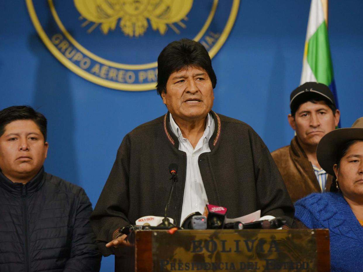 Bolivian president Evo Morales speaks from the the presidential hangar in El Alto, Bolivia, 10 November, 2019: AP