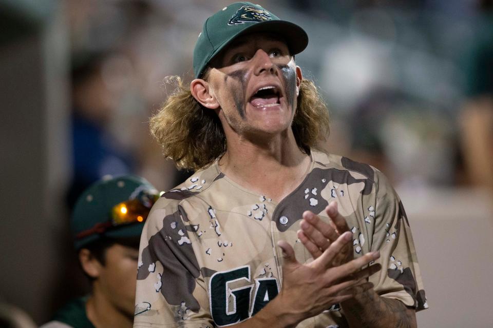 Island Coast's Jake Billings (18) reacts during the top of the fifth inning of the FHSAA baseball Class 4A state championship between Island Coast High School (Cape Coral) and Jensen Beach High School, Tuesday, May 24, 2022, at Hammond Stadium in Fort Myers, Fla.Island Coast defeated Jensen Beach 8-7 in eight innings.