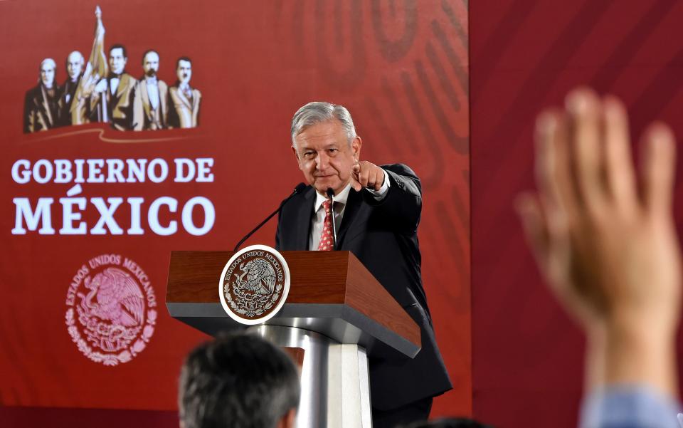 Mexican President Andres Manuel Lopez Obrador offers a press conference at the National Palace in Mexico City on May 29, 2019. - President Lopez Obrador is expected to meet IMF chief Christine Lagarde later today. (Photo by Alfredo ESTRELLA / AFP)        (Photo credit should read ALFREDO ESTRELLA/AFP/Getty Images)