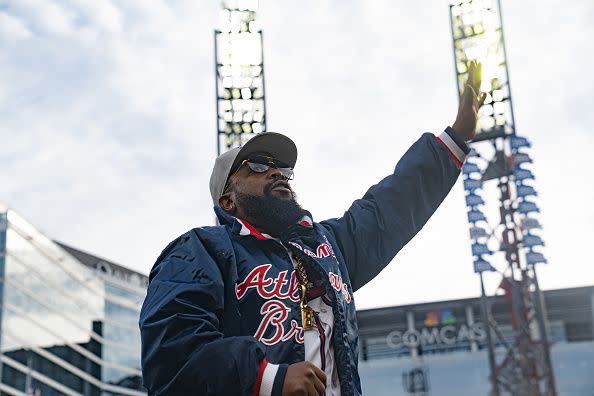 ATLANTA, GA - NOVEMBER 05: Rapper Big Boi performs following the World Series Parade at Truist Park on November 5, 2021 in Atlanta, Georgia. The Atlanta Braves won the World Series in six games against the Houston Astros winning their first championship since 1995. (Photo by Megan Varner/Getty Images)