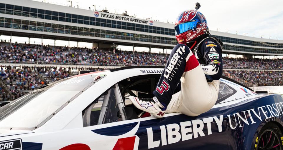 William Byron climbs out of his car after the NASCAR Cup Series race at Texas.