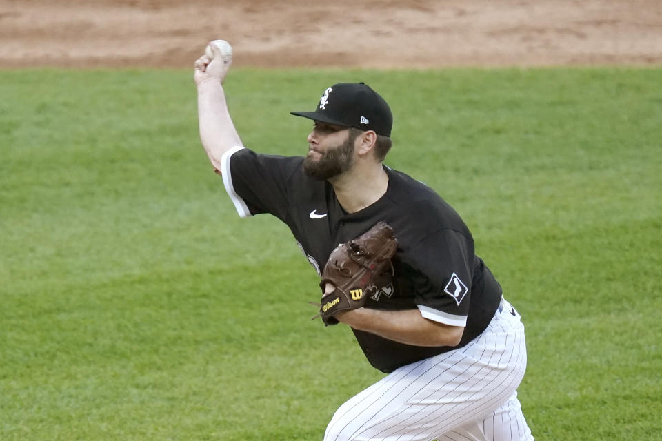 Chicago White Sox starting pitcher Lance Lynn delivers during the first inning of a baseball game against the Tampa Bay Rays Monday, June 14, 2021, in Chicago. (AP Photo/Charles Rex Arbogast)