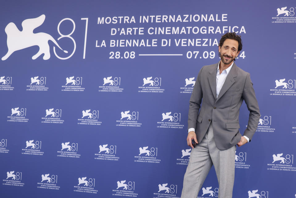 Adrien Brody poses for photographers at the photo call for the film 'The Brutalist' during the 81st edition of the Venice Film Festival in Venice, Italy, on Sunday, Sept. 1, 2024. (Photo by Vianney Le Caer/Invision/AP)