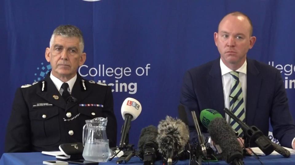 Chief Constable Andy Marsh (left) and Lancashire police and crime commissioner Andrew Snowden at a press conference in Preston on police handling of the Nicola Bulley investigation (PA)