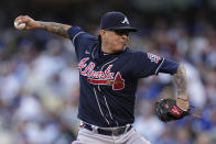 Atlanta Braves pitcher Jesse Chavez throws during the first inning against the Los Angeles Dodgers in Game 4 of baseball's National League Championship Series Wednesday, Oct. 20, 2021, in Los Angeles. (AP Photo/Jae Hong)