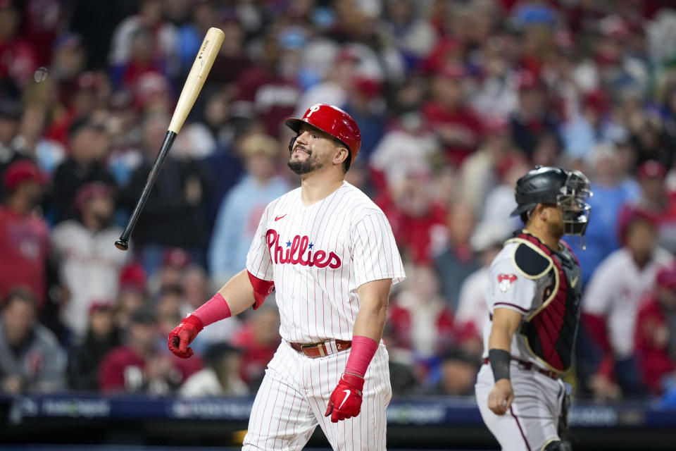 Philadelphia Phillies' Kyle Schwarber reacts after striking out against the Arizona Diamondbacks during the fifth inning in Game 6 of the baseball NL Championship Series in Philadelphia Monday, Oct. 23, 2023. (AP Photo/Matt Slocum)