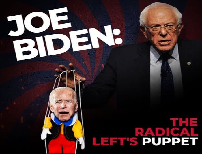 Trump campaign ad depicting Bernie Sanders pulling the strings on a Joe Biden puppet ((Trump Make America Great Again Committee))
