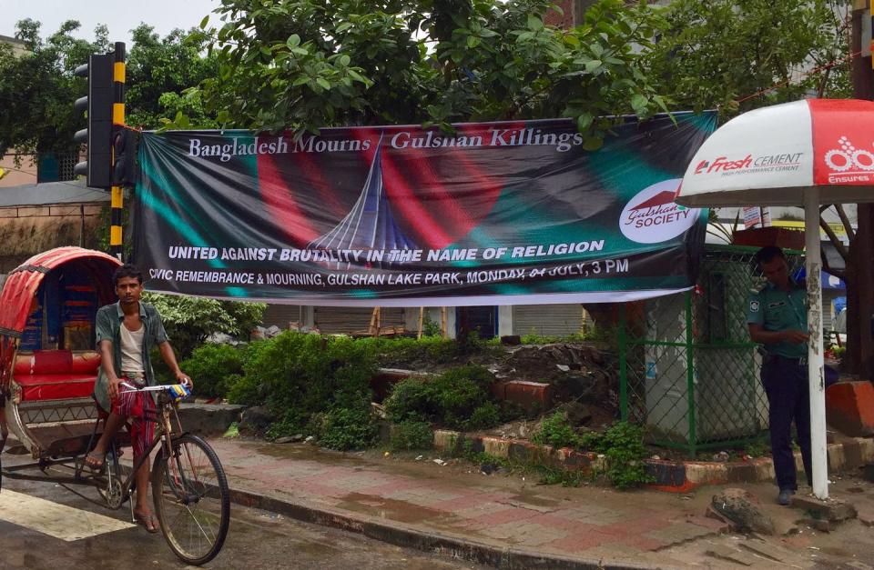 <span class="caption">A banner put up by a local organization in the aftermath of a major terrorist attack in Dhaka in 2016, condemning killings in the name of religion.</span> <span class="attribution"><span class="source">Anders C. Hardig</span>, <a class="link " href="http://creativecommons.org/licenses/by/4.0/" rel="nofollow noopener" target="_blank" data-ylk="slk:CC BY;elm:context_link;itc:0;sec:content-canvas">CC BY</a></span>