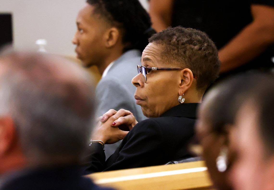 Defense attorney Lesa Pamplin listens to the opening statement from the state during the attempted capital murder trial of defendant Timothy Simpkins, left, being held in the 371st District Court on Monday, July 17, 2023, in Fort Worth. Simpkins is accused of shooting three people in October 2021 at Timberview High School in Arlington. Amanda McCoy/amccoy@star-telegram.com