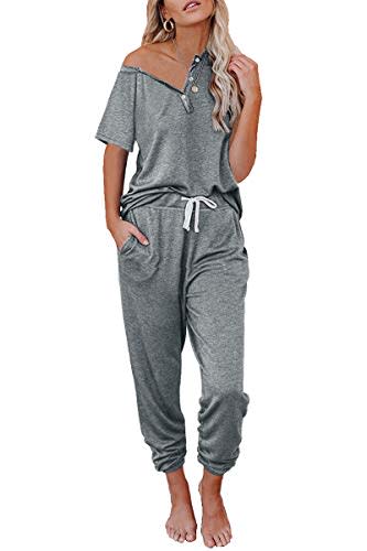 AUTOMET Pajamas for Women Sets Two Piece Summer Sets Short Sleeve Loungewear Soft Caual Button Down Tops Tracksuits Pjs Sets Fashion Clothes 2024 with Jogger Sweatpants