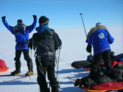 The team celebrates after a long day of skiing. Dr. Heather Ross and her team are on day 10 of their journey to the South Pole.