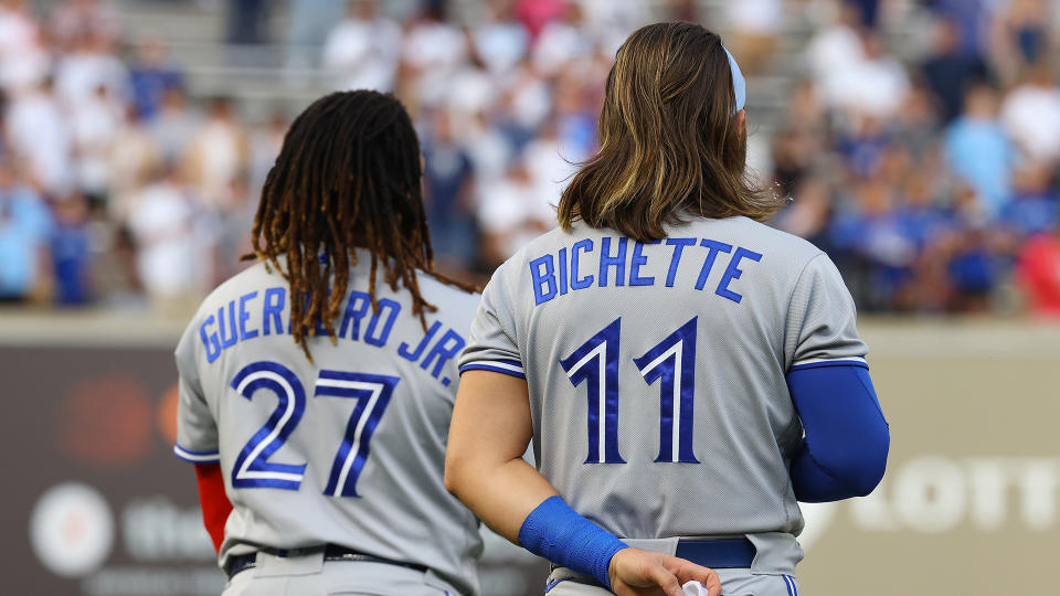 The Blue Jays take on the Cardinals in the first game of the 2023 season. (Photo by Mike Stobe/Getty Images)