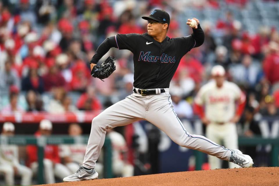 Miami Marlins starting pitcher Jesus Luzardo (44) throws a pitch against the Los Angeles Angels during the first inning at Angel Stadium.