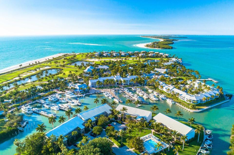 An aerial view of the South Seas Island Resort before it took a hit from Hurricane Ian.