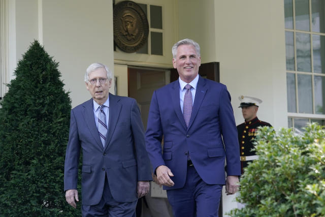 FILE - House Speaker Kevin McCarthy of Calif., right, and Senate Minority Leader Mitch McConnell of Ky., left, walk out of the West Wing of the White House in Washington, to speak to reporters, Tuesday, May 9, 2023, following a meeting with President Joe Biden on the debt limit. (AP Photo/Susan Walsh, File)