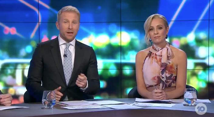 Hamish Macdonald and Carrie Bickmore on The Project on Tuesday night. Carrie Bickmore is in a $549 Carla Zampatti blouse