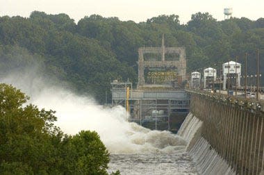 Water gushes from the 18 open flood gates of the Conowingo Dam in Port Deposit, Md. on  June 28, 2006.  Heavy rains caused widespread flooding from new York to North Carolina.