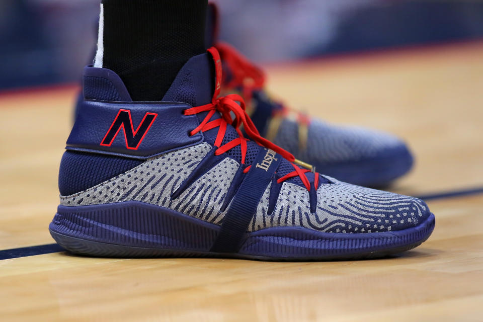 Kawhi Leonard's New Balance sneakers will remain Klaw-less. (Photo by Jonathan Bachman/Getty Images)