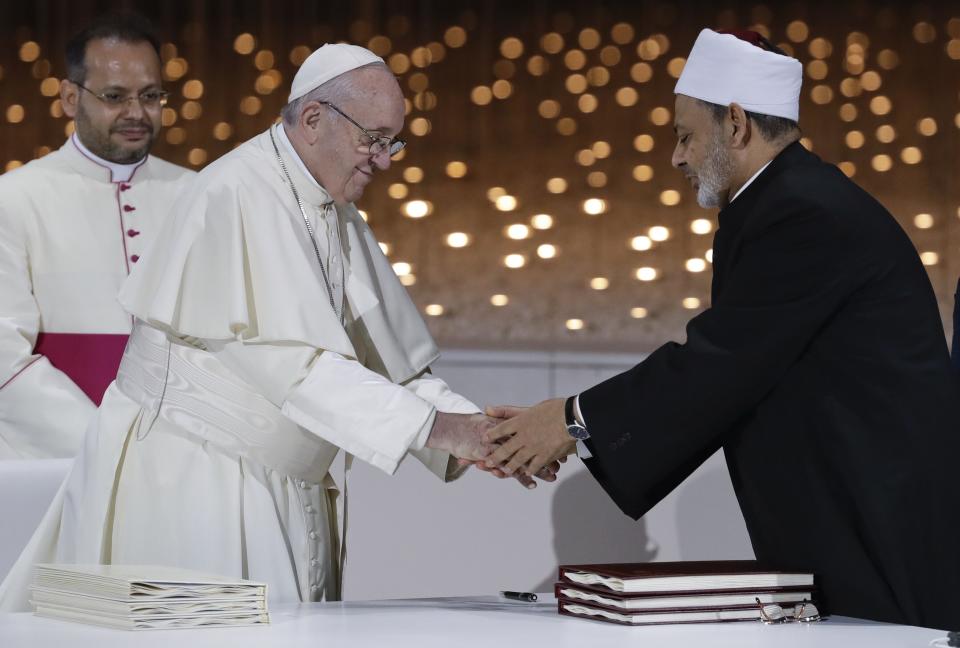 Pope Francis greets Egypt's Sheikh Ahmed al-Tayeb after an interfaith meeting in Abu Dhabi, United Arab Emirates, on Feb. 4, 2019. Francis said he was "particularly encouraged" by the imam while writing "Fratelli Tutti." (Photo: (AP Photo/Andrew Medichini))