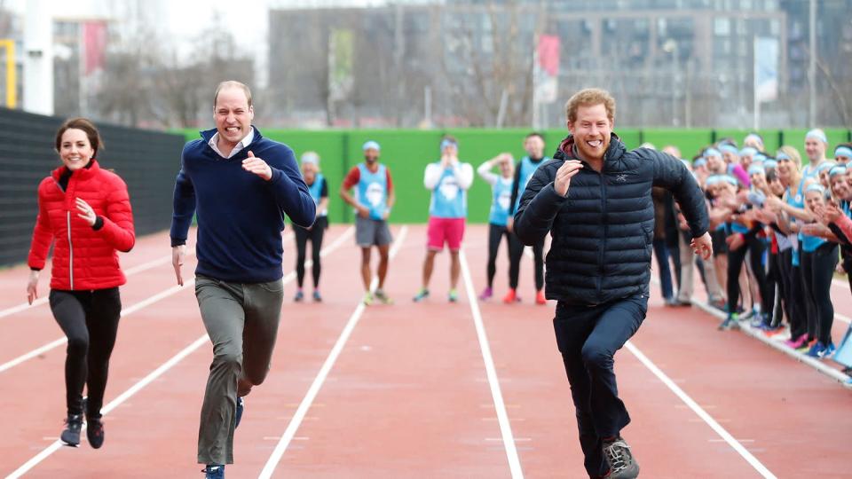 <p>Kate, William and Harry take part in a relay race during a training event to promote their charity Heads Together, at the Queen Elizabeth Olympic Park in London, on February 5, 2017. </p>