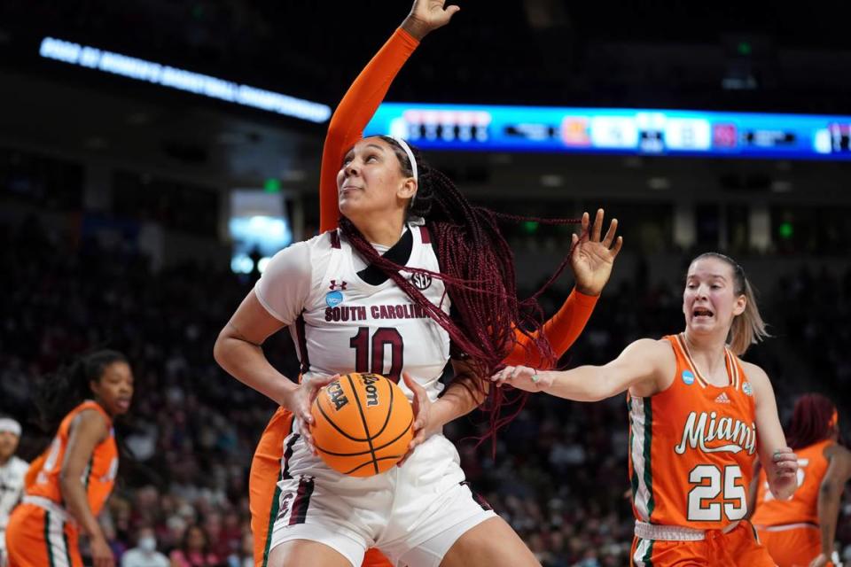 South Carolina center Kamilla Cardoso (10) drives to the hoop during Sunday’s game against Miami at Colonial Life Arena.