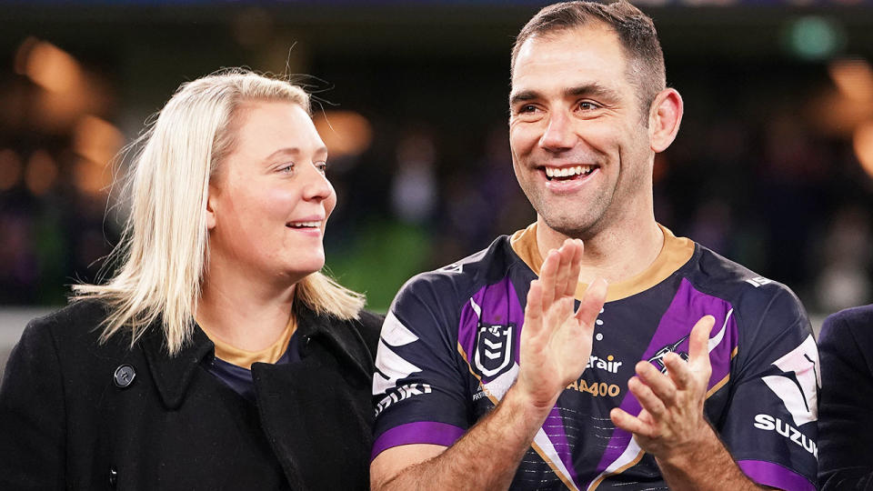 Cameron Smith and wife Barb, pictured here before a game for Melbourne Storm in 2019.