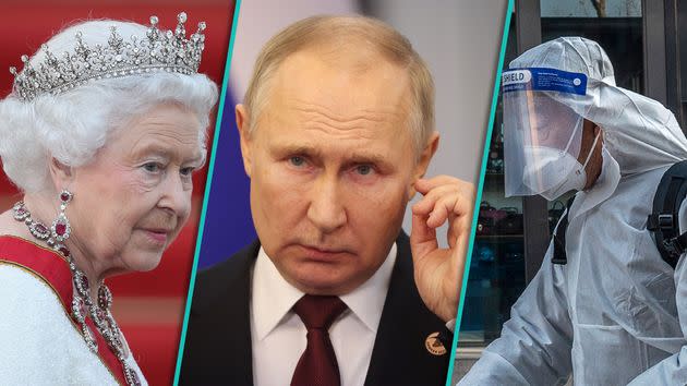 Russia's Vladimir Putin (center) and the country's invasion of Ukraine, the death of Queen Elizabeth II (left), and China's 