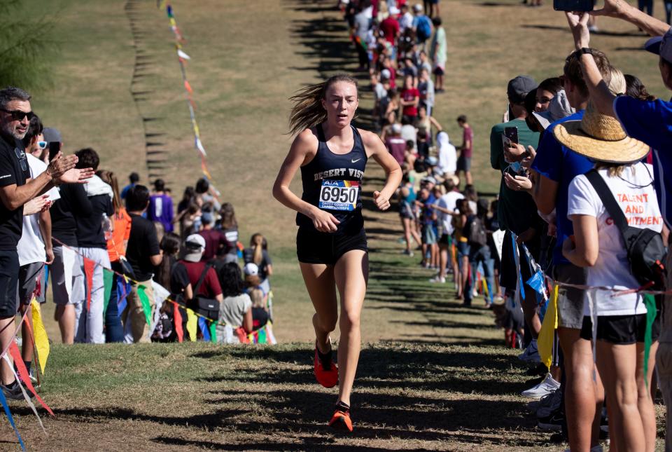 Lauren Ping (finished first, Desert Vista) leads the Division 1 Girls AIA State Cross Country State Championship race, November 13, 2021, at the Cave Creek Golf Course, 15202 N. 19th Ave., Phoenix.