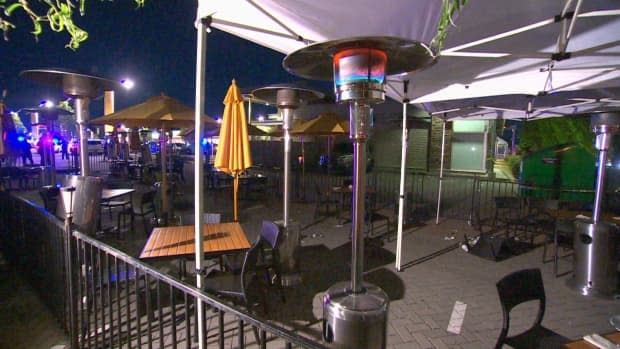 The patio of a Cactus Club Cafe at Market Crossing in Burnaby, B.C., is pictured after the shooting on Thursday. 