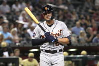 Detroit Tigers' Spencer Torkelson reacts after striking out looking during the sixth inning of the team's baseball game against the Arizona Diamondbacks, Friday, June 24, 2022, in Phoenix. (AP Photo/Rick Scuteri)