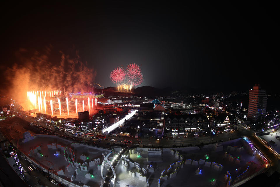 <p>Fireworks are seen during the Opening Ceremony of the PyeongChang 2018 Winter Olympic Games at PyeongChang Olympic Stadium on February 9, 2018 in Pyeongchang-gun, South Korea. (Photo by Robert Cianflone/Getty Images) </p>