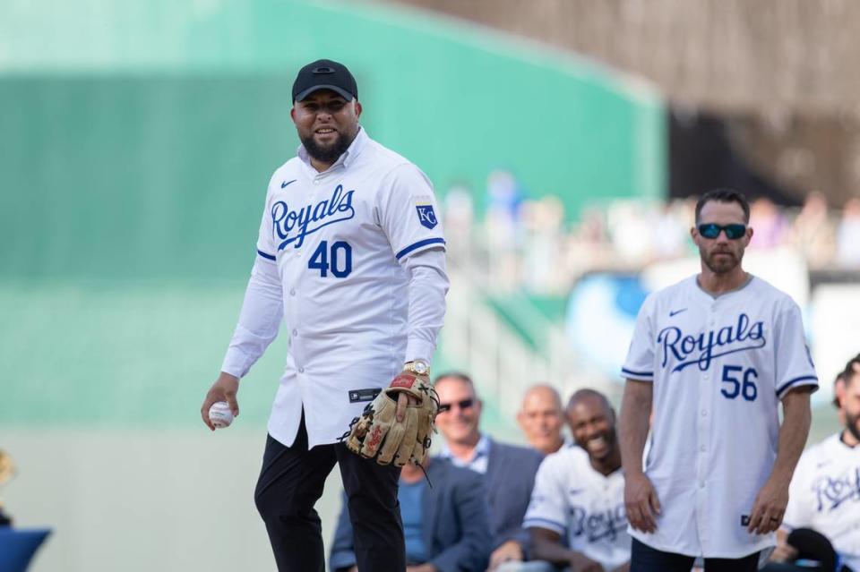 Former Kansas City Royals relief pitcher Kelvin Herrera prepares to throw out a ceremonial first pitch during pre-game festivities honoring the club’s 2014 American League champions at Kauffman Stadium on Friday, May 17, 2024.