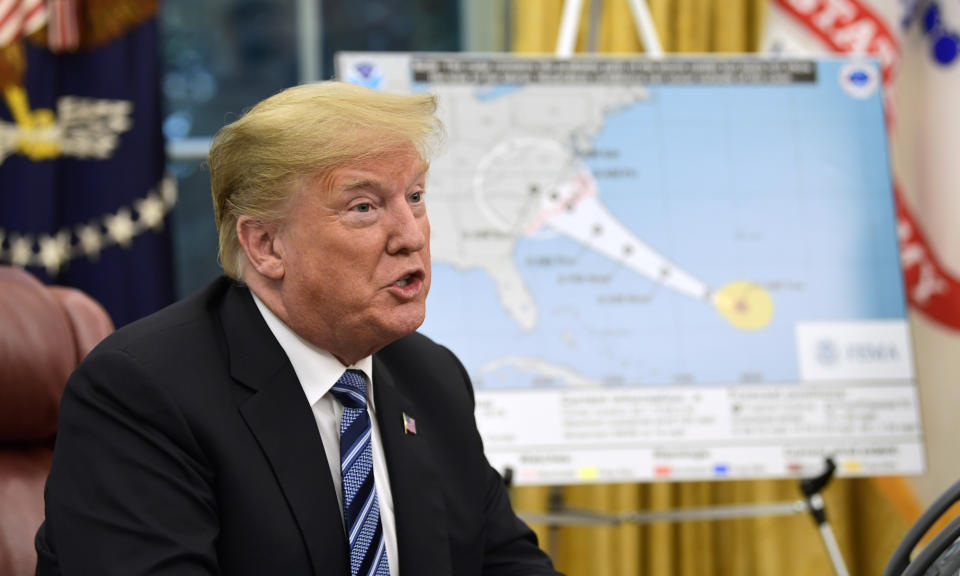 President Trump talks about Hurricane Florence during a briefing in the White House’s Oval Office on Tuesday. (Photo: Susan Walsh/AP)