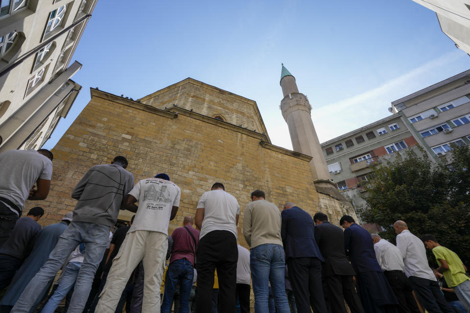 Muslims pray for the safety of the Palestinian people during a Friday prayer at Bajrakli Mosque in Belgrade, Serbia, Friday, Oct. 13, 2023. In Muslim communities across the world, worshippers gathered at mosques for their first Friday prayers since Hamas militants attacked Israel, igniting the latest Israel-Palestinian war. (AP Photo/Darko Vojinovic)