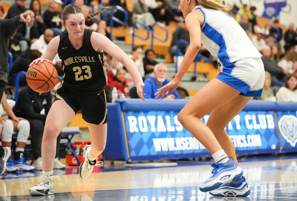 Noblesville Millers guard Meredith Tippner (23) rushes up the court Wednesday, Nov. 29, 2023, during the game at Hamilton Southeastern High School in Fishers. The Hamilton Southeastern Royals defeated the Noblesville Millers, 71-69.