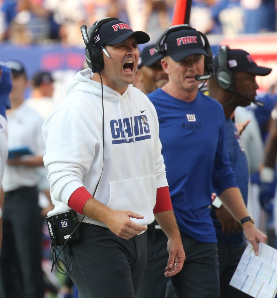 Giants coach Joe Judge and offensive coordinator Jason Garrett as the Denver Broncos came to MetLife Stadium in East Rutherford, NJ and beat the New York Giants 27-13 in the first game of the 2021 season on September 12, 2021.