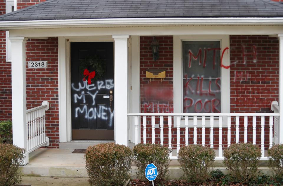 United States Senate Majority Leader Mitch McConnell's home in Louisville was vandalized following his blocking of $2000 stimulus checks.1/2/21