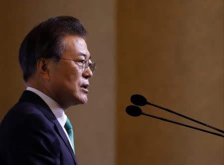 South Korea's President Moon Jae-in speaks at the ISEAS 42nd Singapore Lecture in Singapore July 13, 2018. REUTERS/Edgar Su/Files