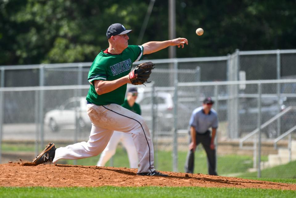 Sartell reliever David Deminsky pitches Saturday in the 9-4 Sartell Muskie win over Becker in the Sauk Valley League championship and Region 11C seeding game at St. Cloud Orthopedic Field. Sartell will play St. Joseph on August 5 in the first round of the region tournament. Deminsky's eighth and ninth innings were unblemished by a Becker run.