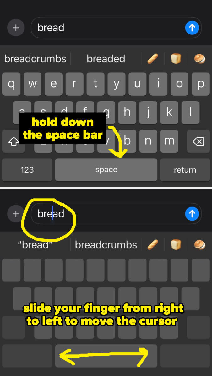 Two images demonstrating a phone's typing trick. The first shows to hold down the space bar. The second shows to slide your finger from right to left to move the cursor