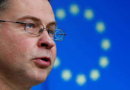European Commission Vice-President Valdis Dombrovskis holds a news conference after an European Union finance ministers meeting in Brussels, Belgium March 12, 2019. REUTERS/Francois Lenoir