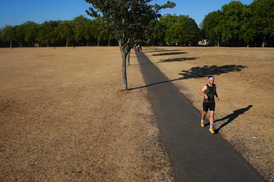 A person jogging on a path amongst dead grass in Victoria Park, east London (PA)