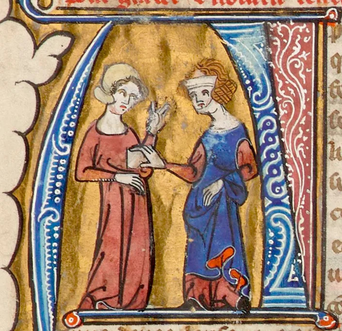 A potential wet nurse is assessed by another woman. ‘Le Régime du corps,’ 14th century. MS Fr. 12323. © Bibliothèque nationale de France.