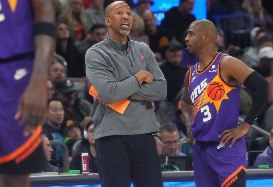 Feb 16, 2023; Phoenix, Arizona, USA; Phoenix Suns head coach Monty Williams talks to guard Chris Paul (3) as they take on the Los Angeles Clippers at Footprint Center. 